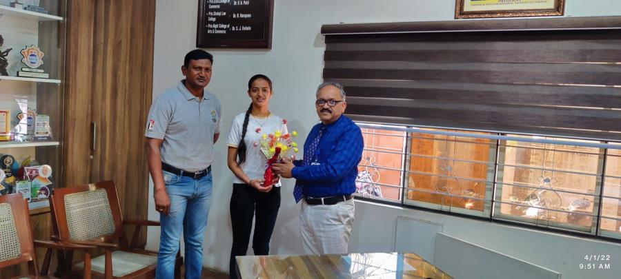 Felicitation of Divya Dhumal Ace Shooter of our college at the hands of Principal Dr.V.A Patil for being selected for International Shooting Selection Trials to be held at Delhi.